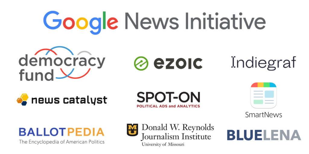 Logos for the 2022 LION Journalism Awards sponsors: Google News Initiative, Democracy Fund, Ezoic, Indiegraf, News Catalyst, Spot-On Political Ads and Analytics, SmartNews, Ballotpedia, the Reynolds Journalism Institute, and Blue Lena
