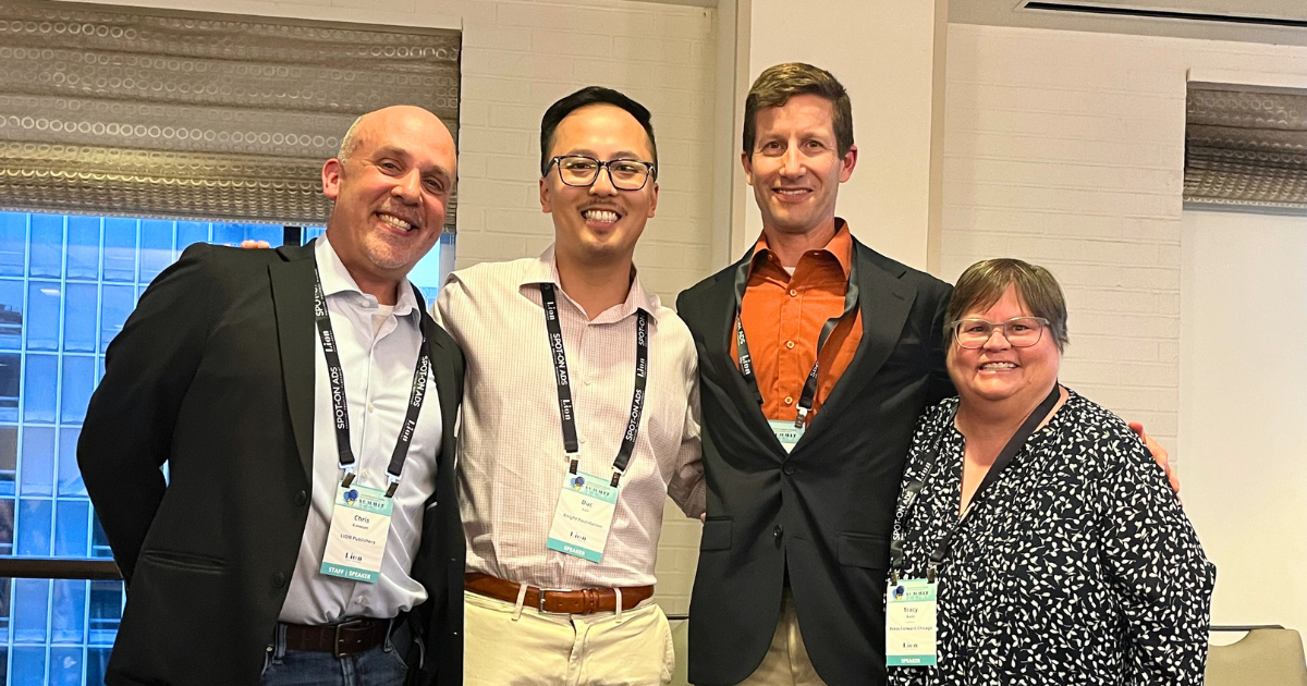 (Left to right) Chris Krewson, Duc Luu, Stefan Lanfer, and Tracy Baim at the 2025 Independent News Sustainability Summit. Photo by Hayley Milloy