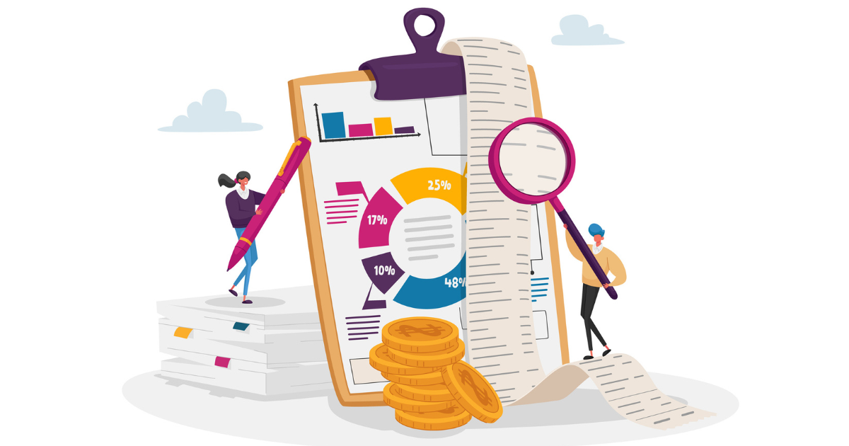 Visual description: Tiny Accountant Characters at Huge Clip Board Filling Bookkeeping Data, Graphs and Charts Counting Money Refund. Vector Illustration.