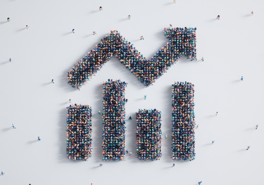 People standing in the shape of a bar chart
